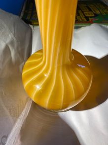 Vintage mid centuty Italian murano style hand blown art glass vase yellow & white swirls