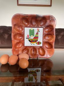 Vintage 1970s Chicken Tile on Bamboo Deviled Eggs Platter or storage