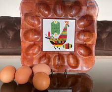 Vintage 1970s Chicken Tile on Bamboo Deviled Eggs Platter or storage