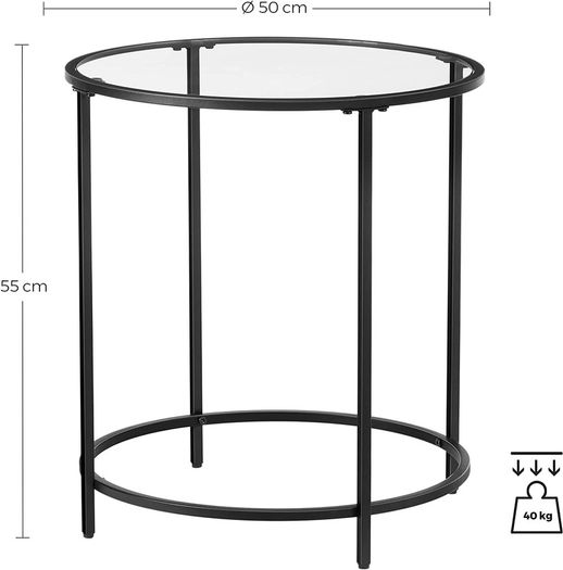 Round Small Coffee Table Glass Table with Metal Frame Bedside Table Sofa Table Balcony Tempered Glass Black