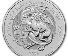 2026 UK 5 Pounds 2 oz Silver Bullion Coin - Tudor Beasts The Dragon BU (In Capsule)