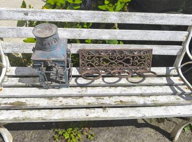 Antique hanging pot holder and garden lamp blue