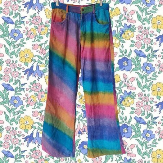 VINTAGE 1990s rainbow tie dye corduroy cotton flares S M Made in India Pride lgbtq festival