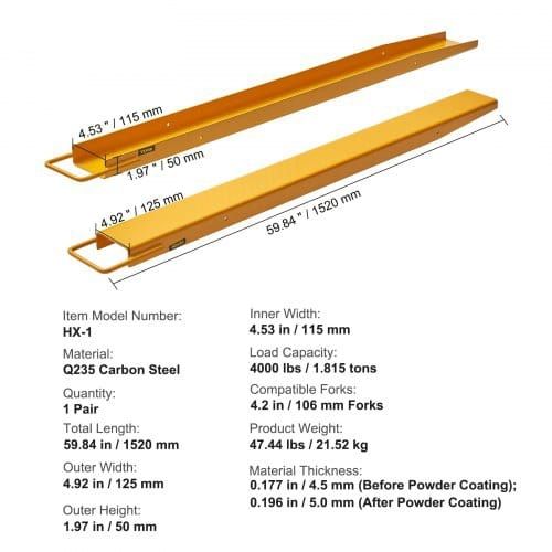 Fork Extensions, 60" Length 4.5" Width, Heavy Duty Carbon Steel Fork Extensions for Forklifts, 1 Pair Forklift Extensions