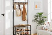 Industrial style wardrobe &amp; shoe rack coat rack in industrial design, shoe rack with seat, clothes rack with 5 removable hooks, shoe rack with seat, 3 shelves, made of wood and metal Vintage