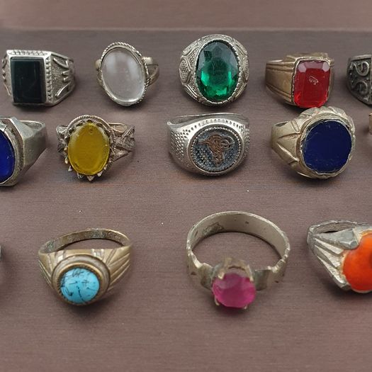 Antique Brass Rings Lot of 15 Mixed Gemstone & Glass Collectible Rings