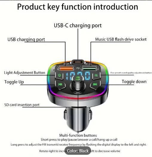 Car Charger with Voice Broadcast, Hands-Free Calling, MP3 Player