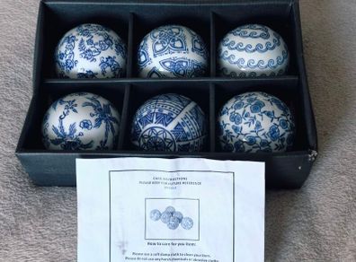 Set of 6 Blue and White Chinoiserie Decorative Porcelain Spheres Ceramic Orb Bowl Fillers Oriental Style Hand Painted Glazed Pottery Balls for Home Decor Vases and Centerpieces