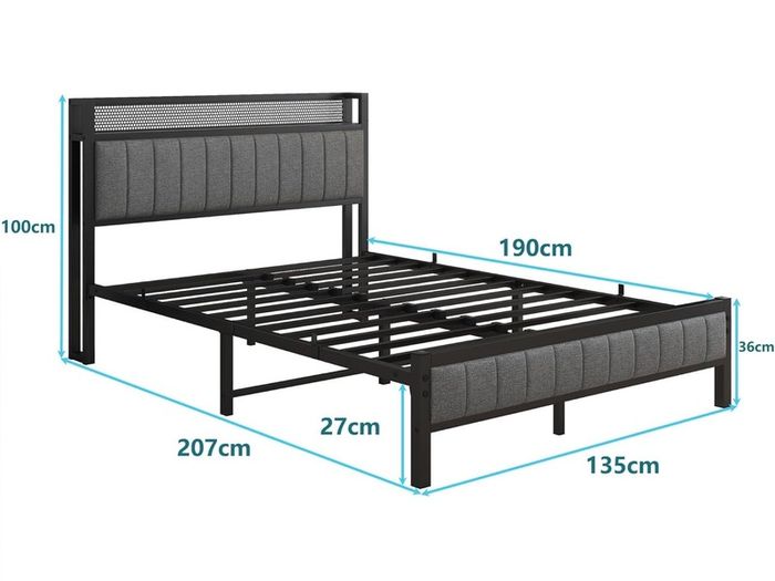 4ft6 Double Bed Frame With Storage Headboard, Dark Grey Upholstered Platform Bed Frame,Mattress Foundation,Metal Slat Support,No Box Spring Needed