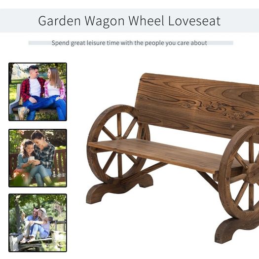 Wooden Cart Wagon Wheel 2 Seater Garden Bench Outdoor Garden Armrest Chair Rustic High Back Loveseat (FREE POSTAGE)