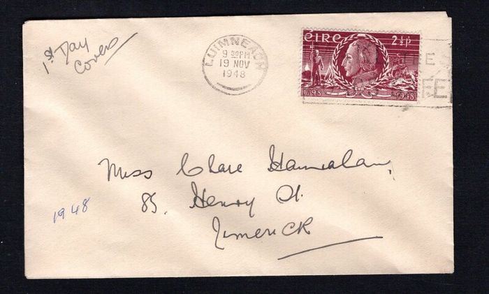 1948 Ireland 150th Anniversary of the Insurrection of 1798 (Wolfe Tone) Commemorative Stamps Neatly addressed First Day Cover (FDC) with Luimneach (Limerick) cancel