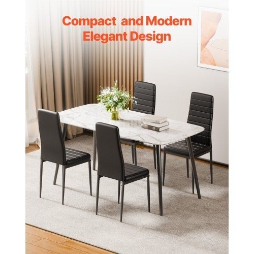 Modern Dining Room Accent Chairs Set of 6, Upholstered Leather Side Chair for Dining Tables, Space-Saving Kitchen Table Chair with Thick Cushions and Metal Legs, Black