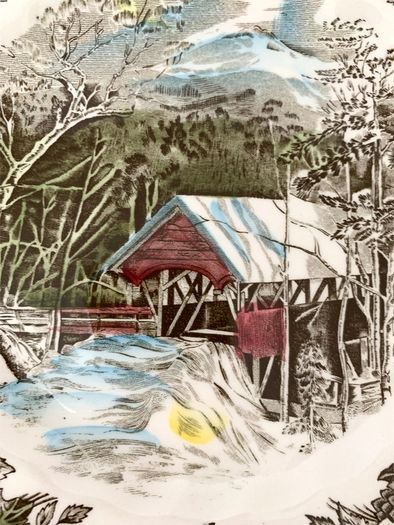 Set of 3 Vintage The Friendly Village The Covered Bridge by Johnson Bros Square Bone China Plates