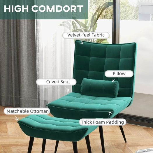 Accent Chair with Footstool Set, Tufted Upholstered Armless Lounge Chair with Pillow and Steel Legs for Living Room, Bedroom, Green