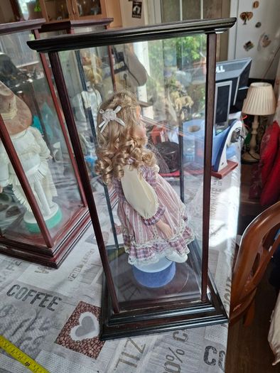 Collector's Porcelain Doll, In A very Large Mahogany Display Case, PRICE IS FOR 1 ONLY these came from a Pub contents,