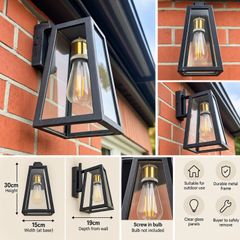 Black Outdoor Wall Lantern Glass Exterior Light 30cm