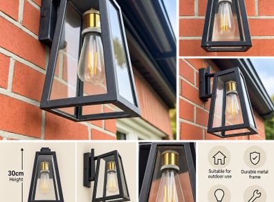 Black Outdoor Wall Lantern Glass Exterior Light 30cm