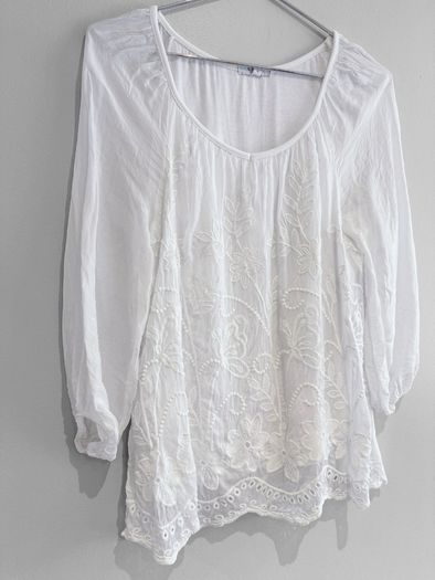 Pre Owned White Embroidered Boho Tunic Blouse