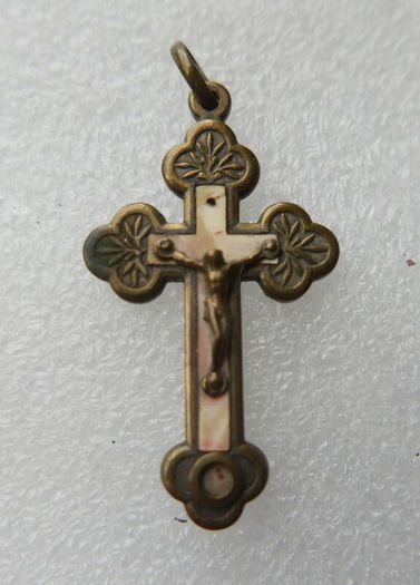 Antique Crucifix Reliquary Pendant Brass and Mother of Pearl Crucifix Pendant
