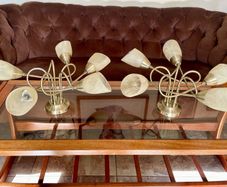 1980s Vintage Antique Brass Stylish 5 Arm Opaque Marble Effect Ceiling Lights