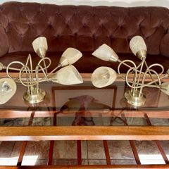 1980s Vintage Antique Brass Stylish 5 Arm Opaque Marble Effect Ceiling Lights