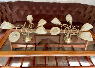 1980s Vintage Antique Brass Stylish 5 Arm Opaque Marble Effect Ceiling Lights