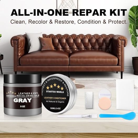 STARTSO WORLD 200ml Leather Recolouring Balm with 100mlLeather Conditioner, Gray Leather Repair Kit for Furniture, Leather Scratch Remover,Leather Colour Restorer for Couches, Car Seats
