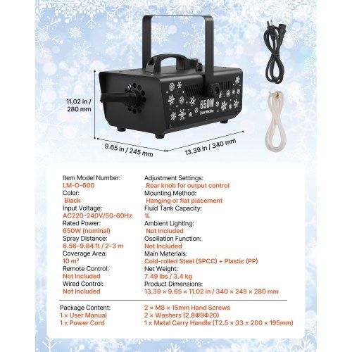 Snow Machine, Powerful 650W Handheld/Hanging Fake Snow Maker, Snowflake Making Machine with Portable Handle, Outdoor & Indoor Artificial Snowflake Maker for Holidays DJ Parties Christmas Decor