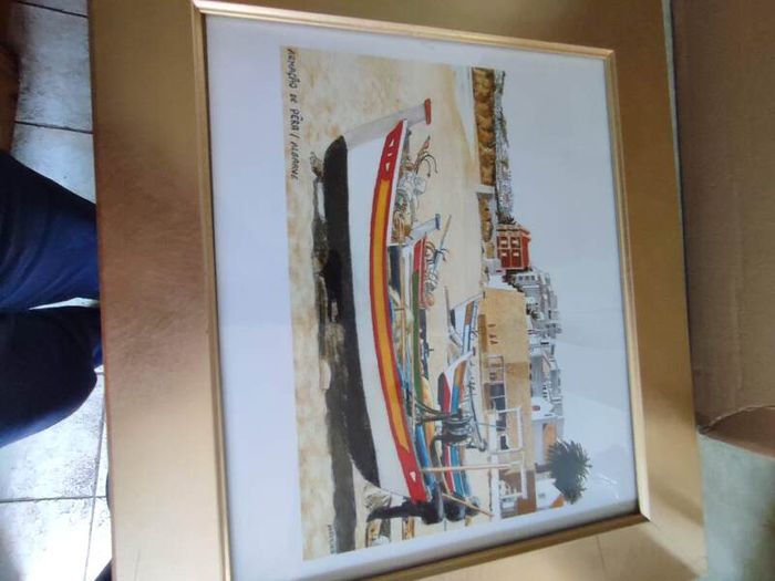 Vintage Algarve Framed Print. Portugal Harbour. Fishing Boats with gold Frame.
