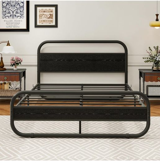 King Size Bed Frame Metal Platform Bed Frame with Wood Headboard