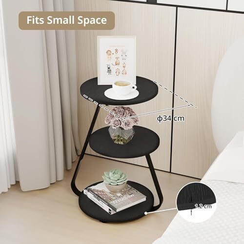 Side Table Set of 2, Bedside Small Coffee Table with 3 Color LED Lights, End Table with 3 Tier Storage Shelves for Living Room Bedroom, Black