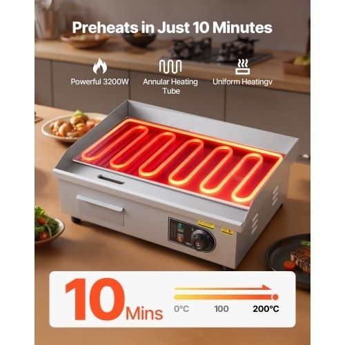 Commercial Electric Griddle, 535 x 300 mm, 3200W, 50-300C Adjustable Temp Control, Stainless Steel Body, Half Grooved Half Flat, with 2 Spatulas, 2 Brushes, and 4 Foot Pads, for Steak, Pancake