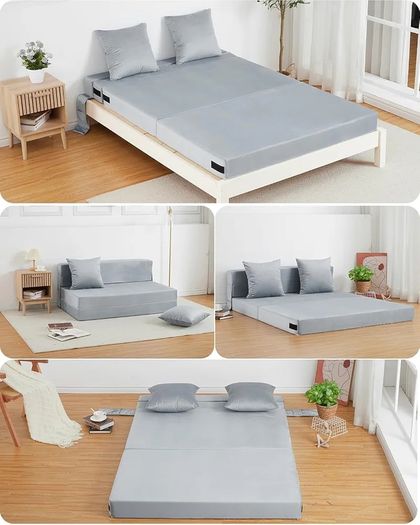 4-in-1 Folding Sofa Bed Double, Fold Out Sofa Couch with Velvet Cover & 2 Cushions, Floor Mattress Lounger for Living Room, Comfy Foldable Sofa Chair Bed, Removable Cover, Washable(135 190CM)