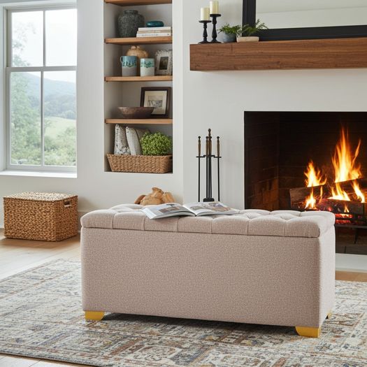 Elegance Boucle Ottoman with Storage 100x40cm  Beige