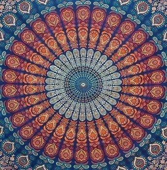 NEW SALE | Indian hippie Bohemian Psychedelic Peacock Mandala Wall hanging Bedding Tapestry (Golden Blue, Poster (30x40Inches)