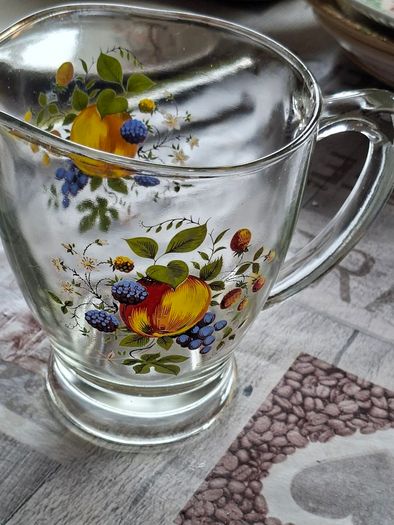 1950s Glass Juice Jug Large Vintage Pitcher with Fruit Floral Pattern no chips or cracks