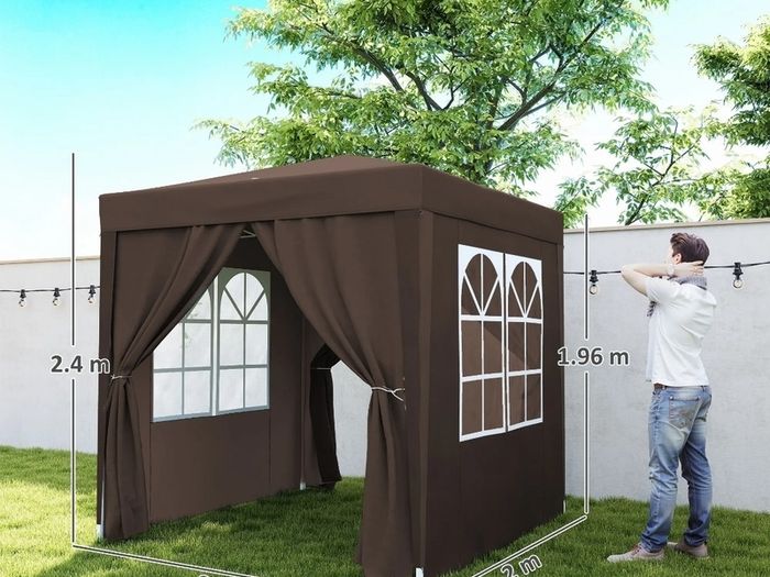 2 x 2 m Garden Pop Up Gazebo, Wedding Party Tent Marquee, Water Resistant Awning Canopy with Sidewalls. Windows, Carry Bag, Coffee