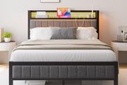 Double Bed Frame with Upholstered Headboard, Wooden Storage Headboard Shelf, 4ft6 Upholstered Bed Frame
