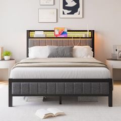 Double Bed Frame with Upholstered Headboard, Wooden Storage Headboard Shelf, 4ft6 Upholstered Bed Frame
