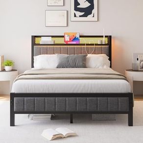 Double Bed Frame with Upholstered Headboard, Wooden Storage Headboard Shelf, 4ft6 Upholstered Bed Frame