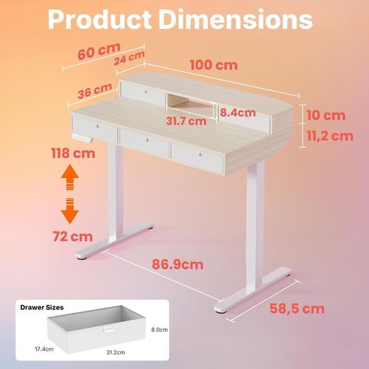 Standing Desk with Fabric Drawers, 100x60cm, Natural