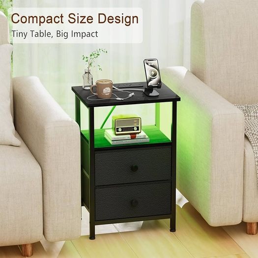 Bedside Table with LED Light, Small Side Table with Charging Station, Nightstand with 2 Fabric Drawers and Open Storage Shelf, Bedside Cabinet for Living Room, Bedroom, Black