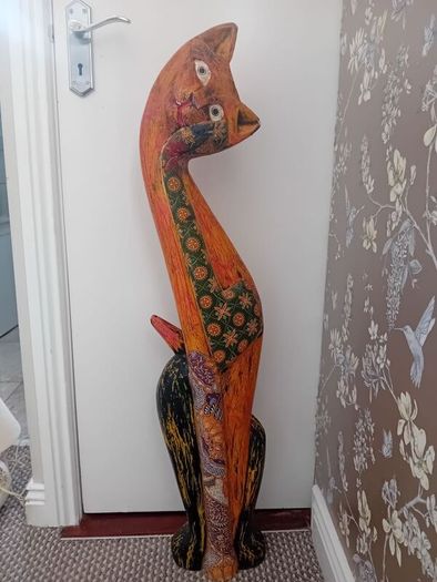 Vintage Indonesian folk art tall wooden cat sculpture