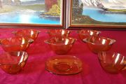Vereco France Amber Glass 9 Piece Two Handled Soup Bowls and Cups And Saucer