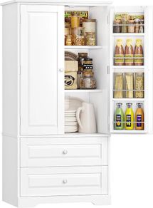 Kitchen Cupboard Tall Kitchen Cabinet Pantry Cupboard with 2 Doors Storage Free Standing Sideboard Storage Cabinet, 2 Drawers, Adjustable Shelves 60x40x120cm White