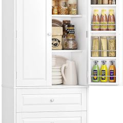 Kitchen Cupboard Tall Kitchen Cabinet Pantry Cupboard with 2 Doors Storage Free Standing Sideboard Storage Cabinet, 2 Drawers, Adjustable Shelves 60x40x120cm White