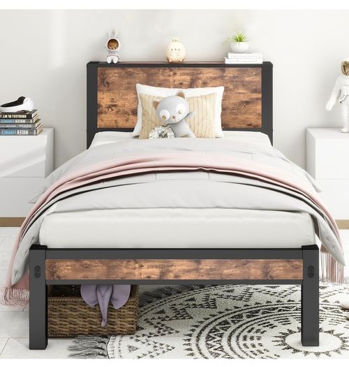 Single Bed Frame with Wood Storage Headboard, 90 x190 cm, Brown 3ft Metal Bed Frame Single for Adults Kids, Mattress Base, Underbed Storage, No Box Spring Needed