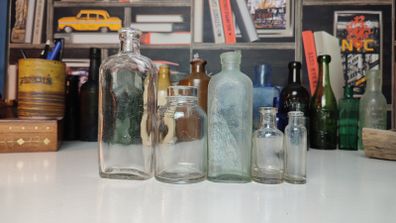 160 - Set of 5 Vintage Clear Glass Decorative Collectible Cork Top Bottles