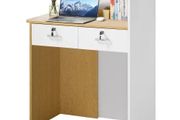Reception Desk, 80 cm Rectangular Front Counter Table, Modern Office Reception Desk with LED Light, 2 Drawers &amp; Power Outlets