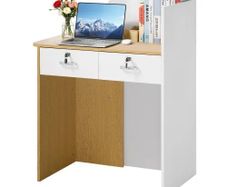 Reception Desk, 80 cm Rectangular Front Counter Table, Modern Office Reception Desk with LED Light, 2 Drawers & Power Outlets